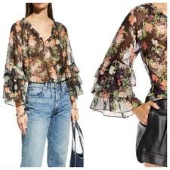 Alice and Olivia Kallie Printed Georgette Blouse with Ruffled Sleeves - Picture 1 of 8